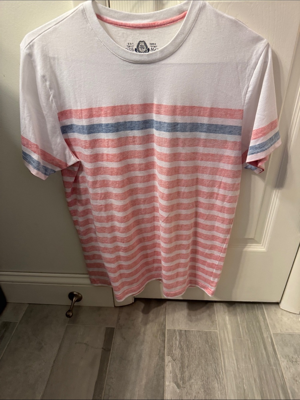 Men's Striped Crew Neck Tee in White and Lt Red
